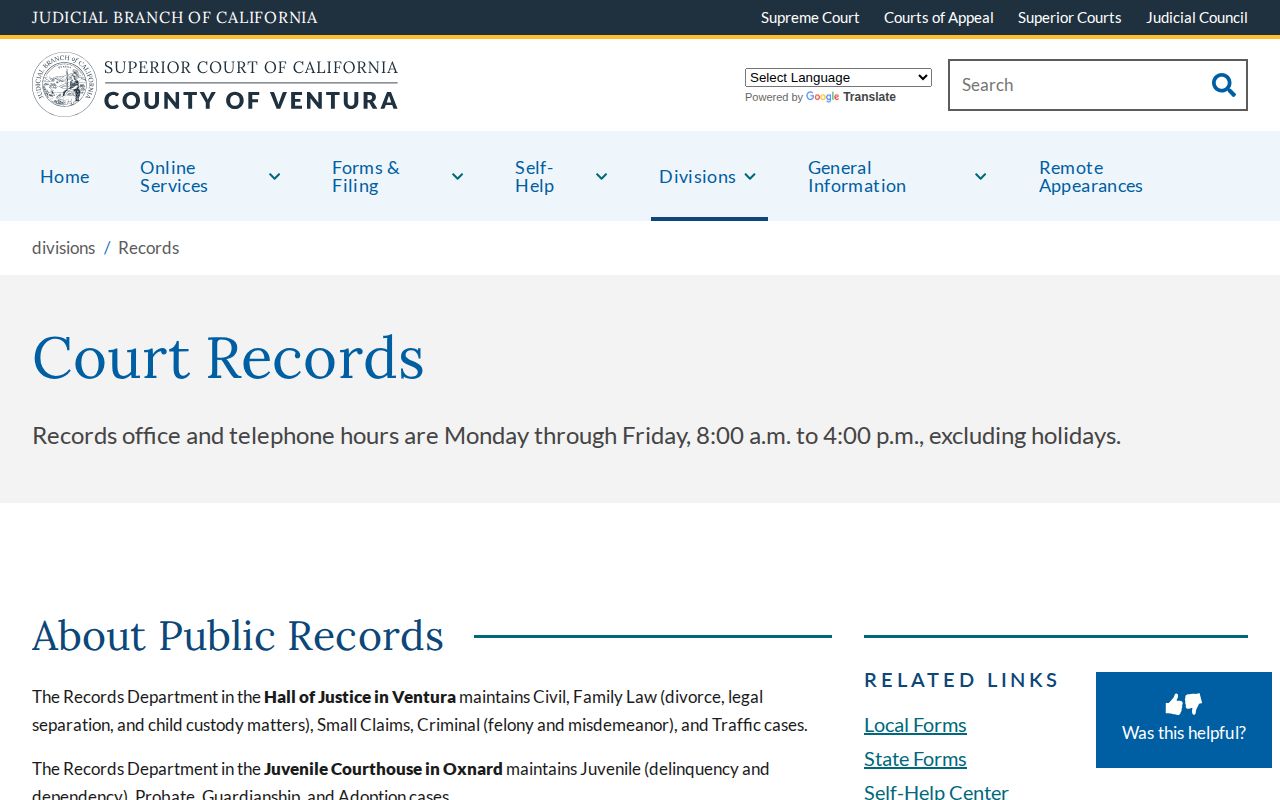 Ventura County juvenile records courthouse records channel