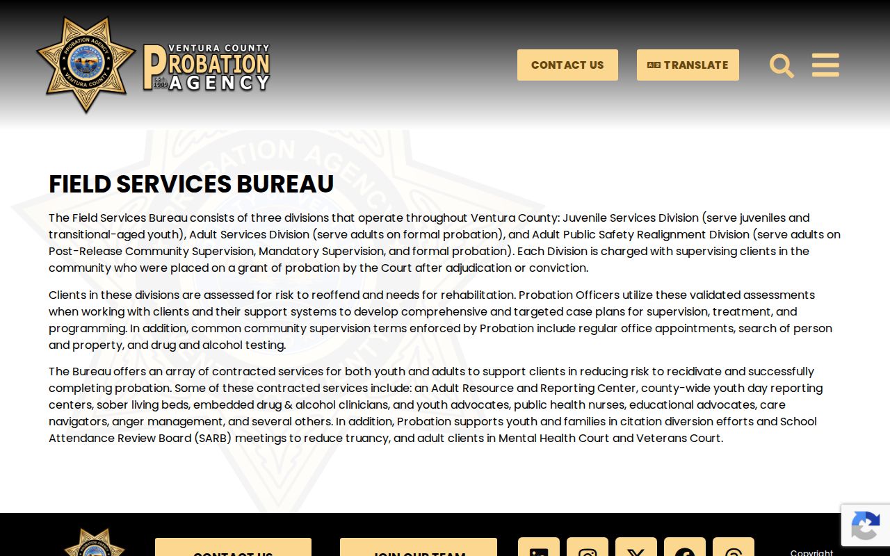 Ventura County probation and parole Adult Services PRCS release supervision page