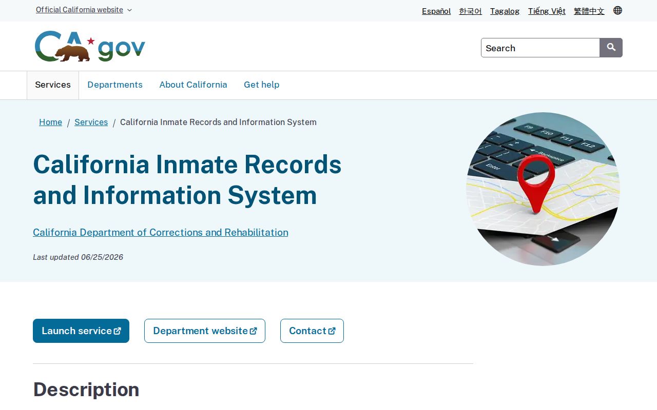 CA.gov CIRIS service page showing California incarcerated record search fields