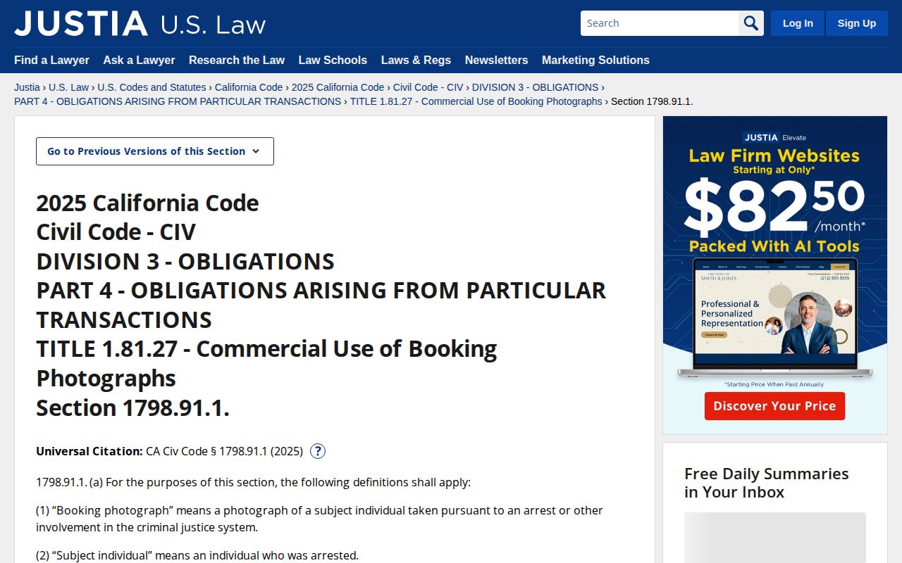 California Civil Code booking photograph fee removal law source page