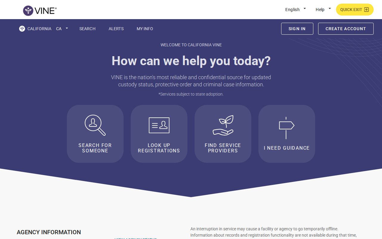 California VINE VINELink search page for custody notifications